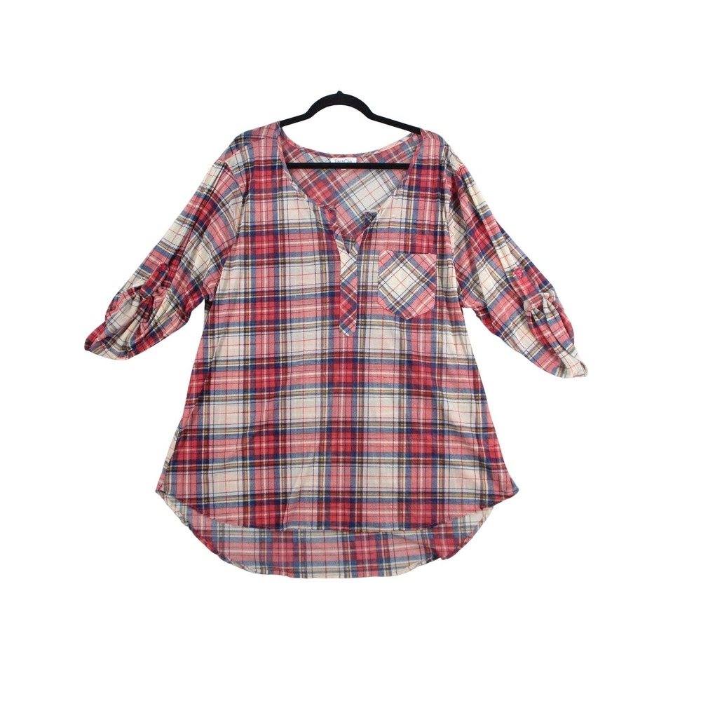 Eden & Olivia Womens 3X Plaid Tunic Top Red Blue‎ Roll Tab Sleeve V-Neck Blouse